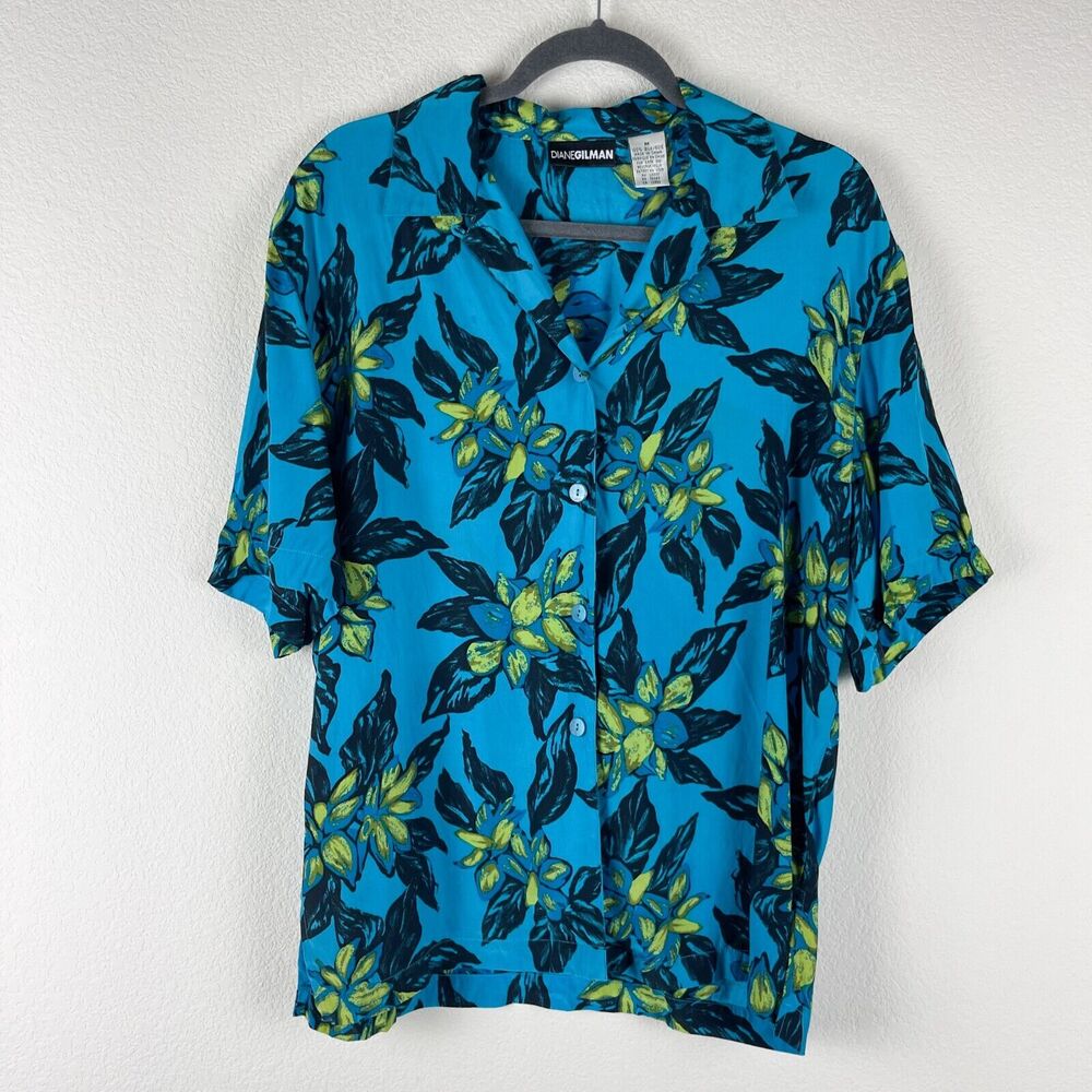 Vintage Diane Gilman 100% Silk Top Womens Medium Blue Blouse Tropical Aloha